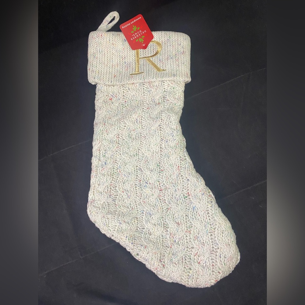 Monogram Cable Knit Christmas Stocking Gold Letter R Cream w/ Multi Color NWT